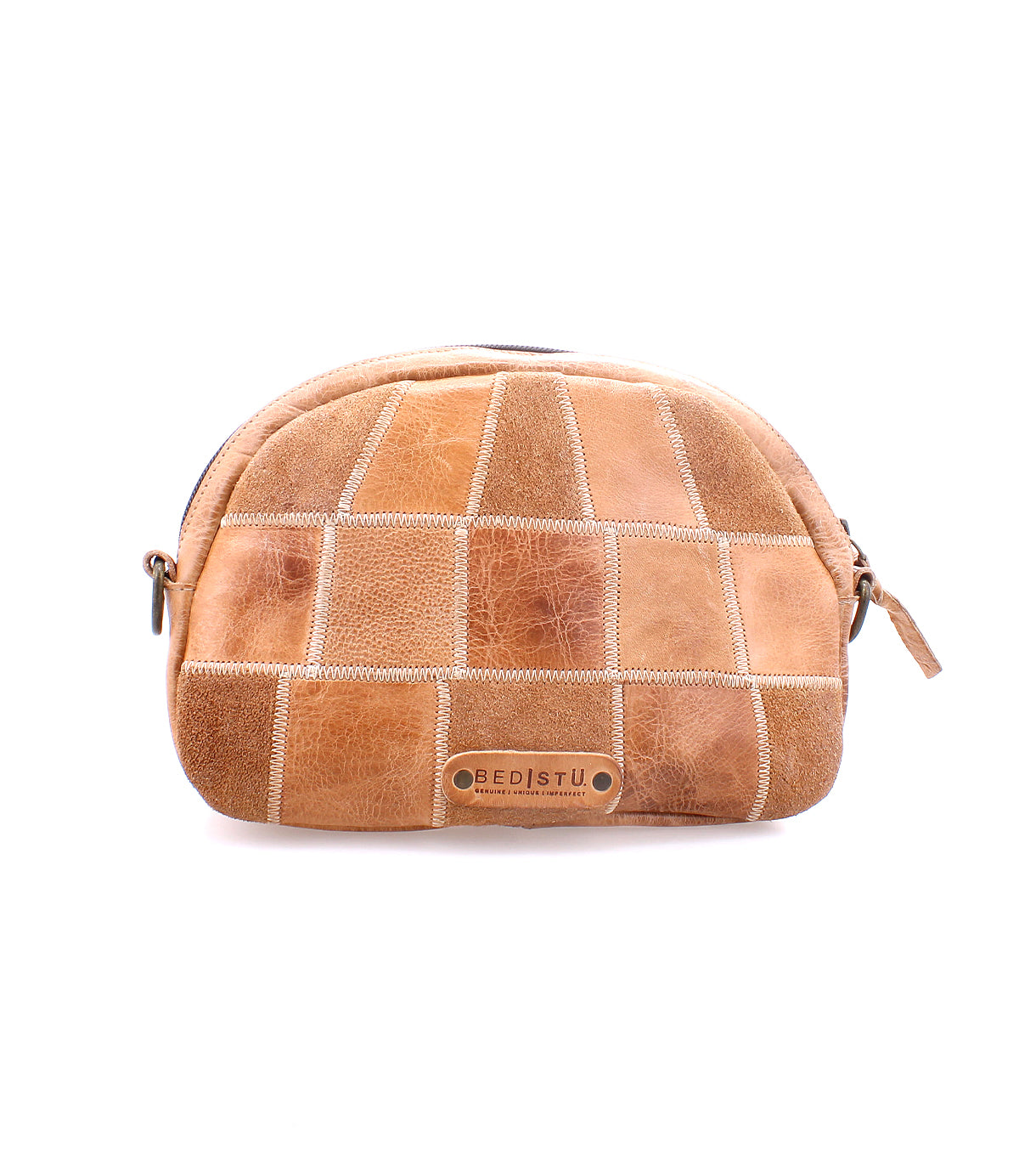 Abundance tan leather cosmetic bag by Bed Stu with a checkered pattern and zipper, isolated on a white background.