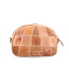 Abundance tan leather cosmetic bag by Bed Stu with a checkered pattern and zipper, isolated on a white background.