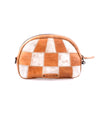 Brown and white checkered pattern leather sling bag with a zipper, featuring a Bed Stu brand label, isolated on a white background.