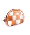 Small, brown and white checkered pattern leather Abundance cosmetic bag with a zipper, isolated on a white background from Bed Stu.