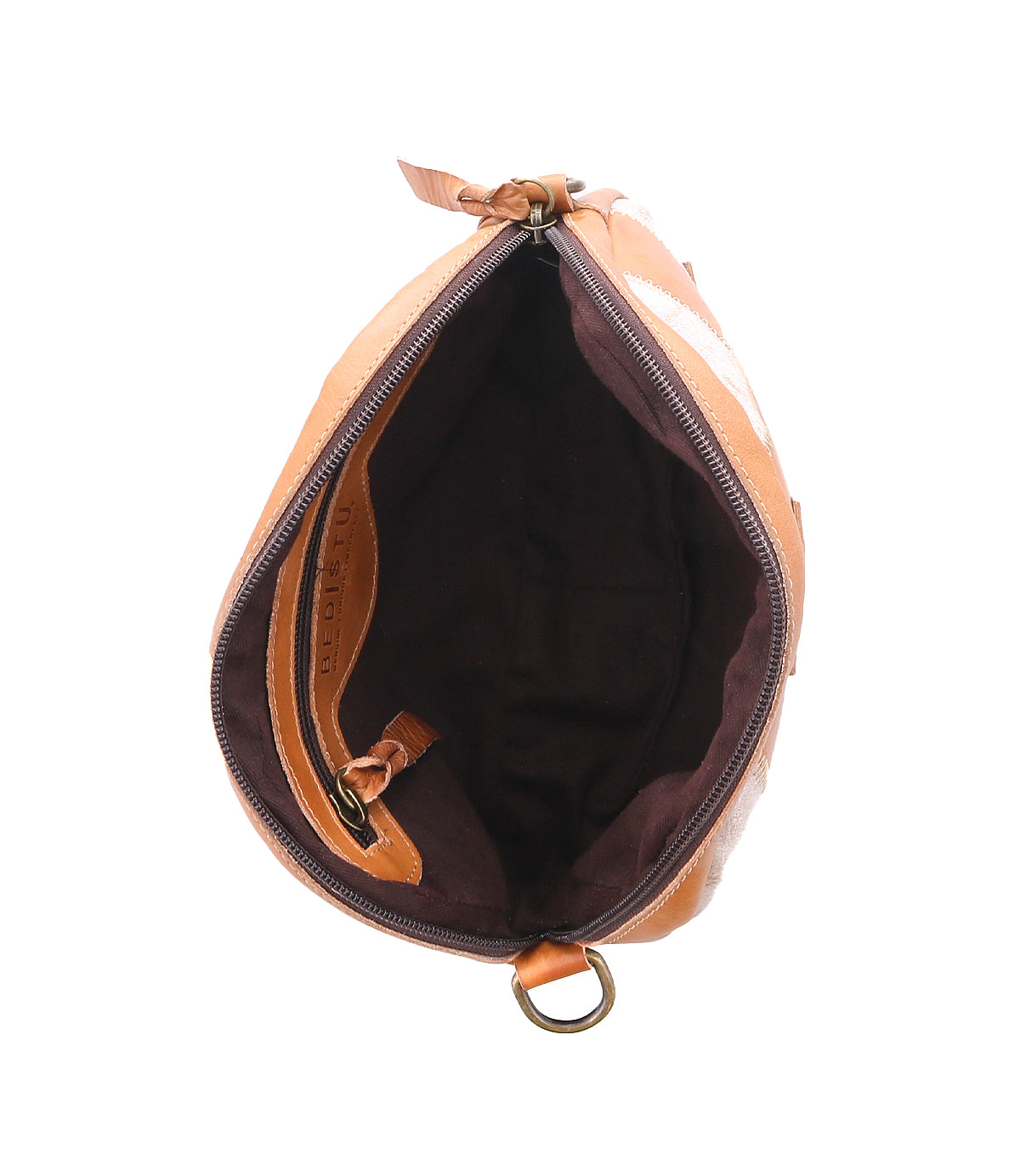 Top view of an open, empty Bed Stu Abundance brown leather sling bag with a zipper and a fabric interior, isolated on a white background.