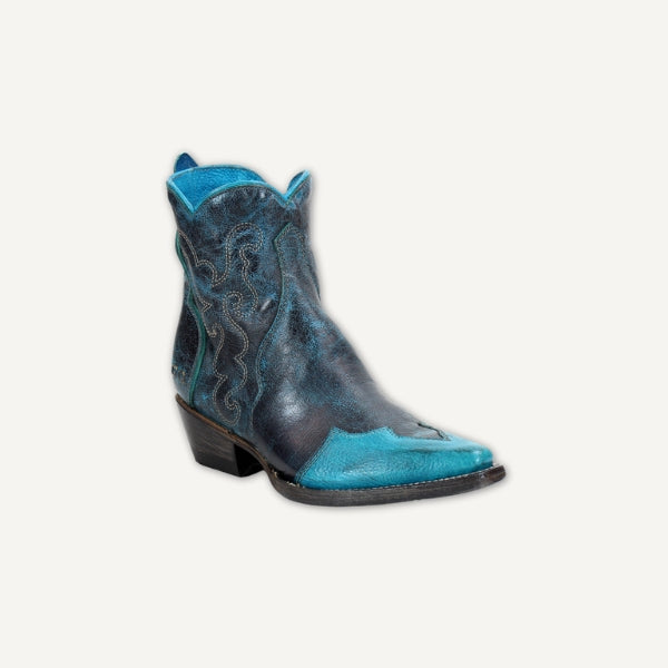western pointed toe bootie with blue toe and black all over