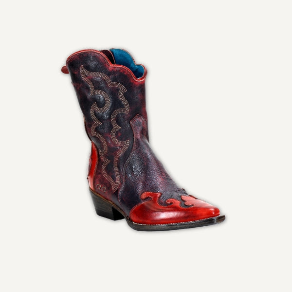 Red pointed toe western bootie with black upper and red toe
