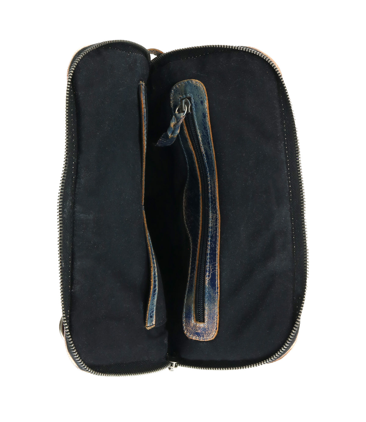 The Bed Stu Aiken is a black zippered pouch with two compartments and a blue leather center strap, shown from above on a white background. It features an adjustable strap for versatile use as a convertible crossbody bag.