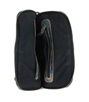 The Bed Stu Aiken is a black zippered pouch with two compartments and a blue leather center strap, shown from above on a white background. It features an adjustable strap for versatile use as a convertible crossbody bag.