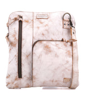 The Bed Stu Aiken is a light beige, distressed leather convertible crossbody bag featuring a front zipper pocket, small logo patch, and an adjustable, removable strap for versatile carrying options.