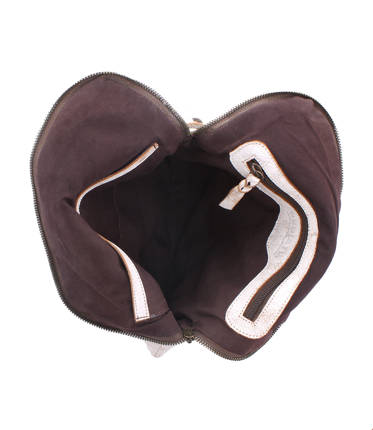Open the Bed Stu Aiken brown bag to reveal a dark fabric interior with an inner zip pocket and open side pocket. This convertible crossbody features an adjustable strap for versatile carry options.
