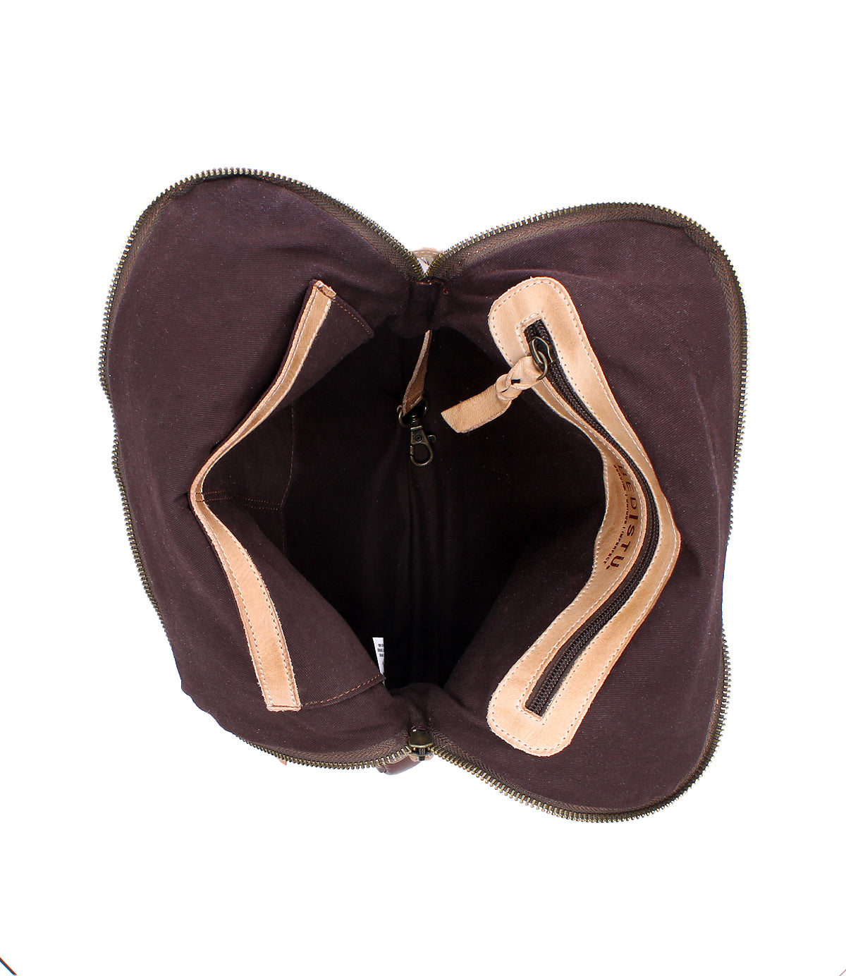 Top view of the Bed Stu Aiken bag: an open brown fabric bag with tan full-grain leather trim, two interior compartments, zippered pockets, and an adjustable strap for convenience.