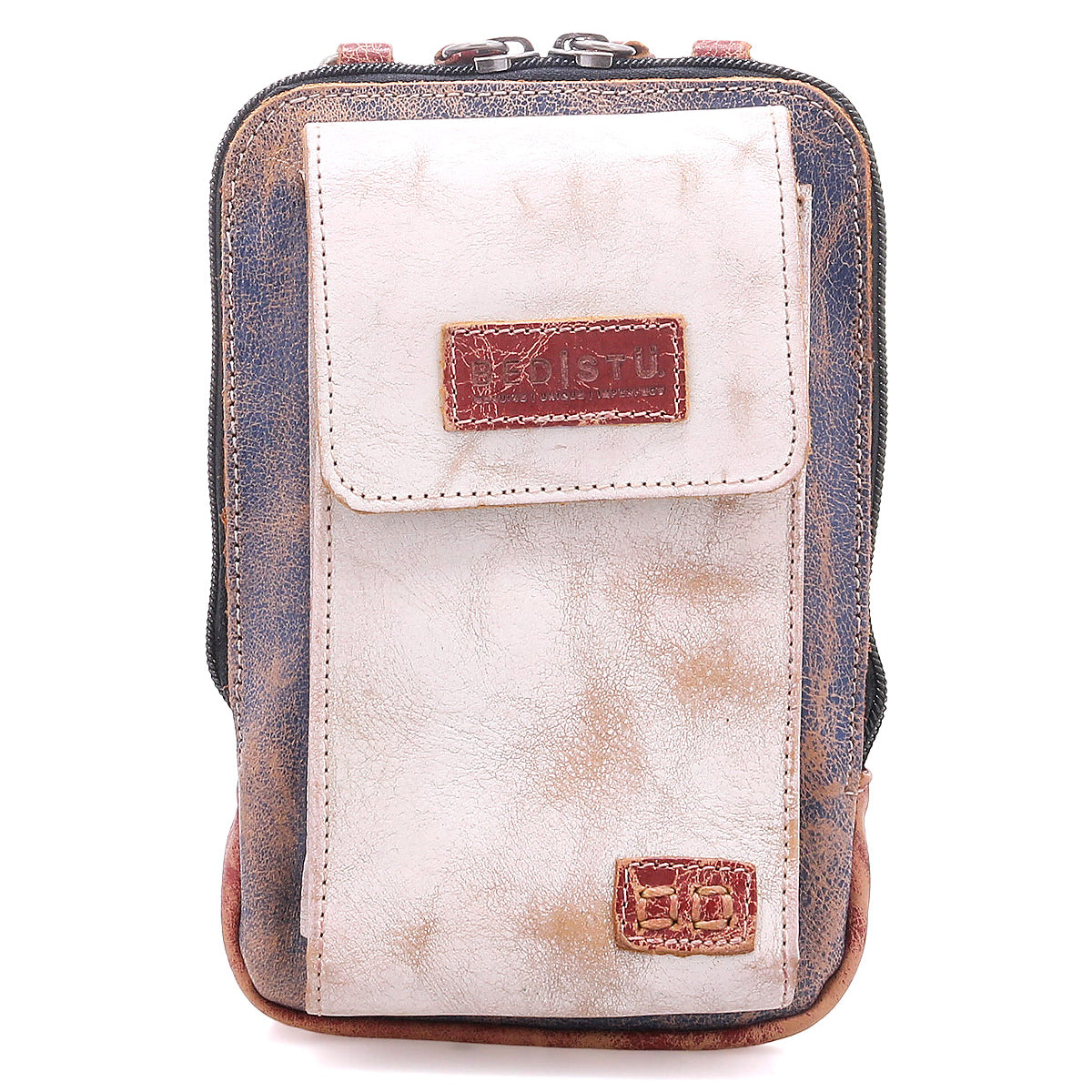 The Alelike by Bed Stu is a compact leather crossbody bag with a denim body and light tan front pocket featuring two stitched leather patches—ideal for travel-light moments and daily use.