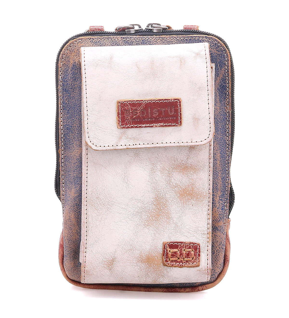 The Alelike by Bed Stu is a compact leather crossbody bag with a denim body and light tan front pocket featuring two stitched leather patches—ideal for travel-light moments and daily use.