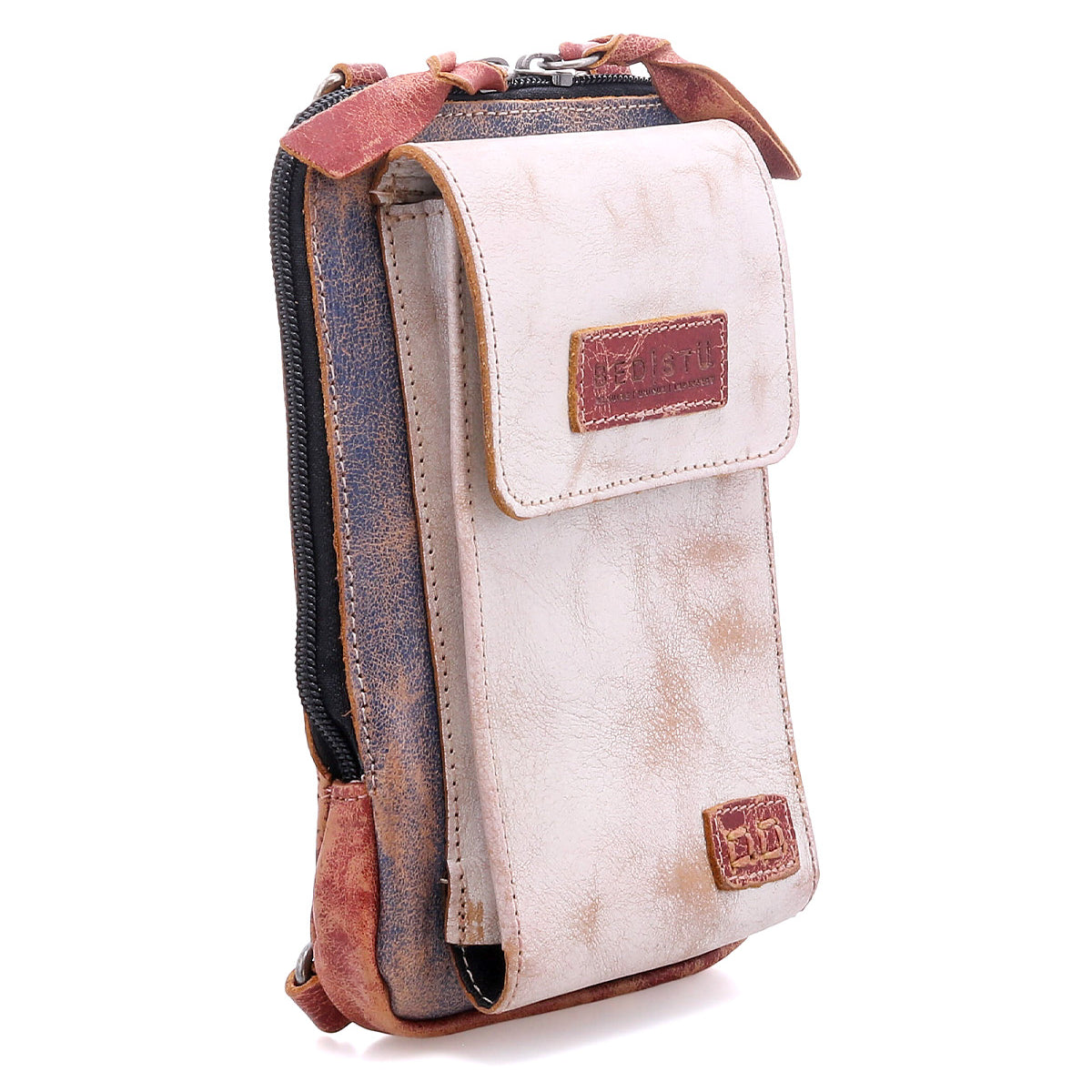 The Bed Stu Alelike is a compact leather crossbody pouch with a vintage-inspired front flap, zipper, and distressed brown-beige finish—ideal for travel-light days and everyday use.