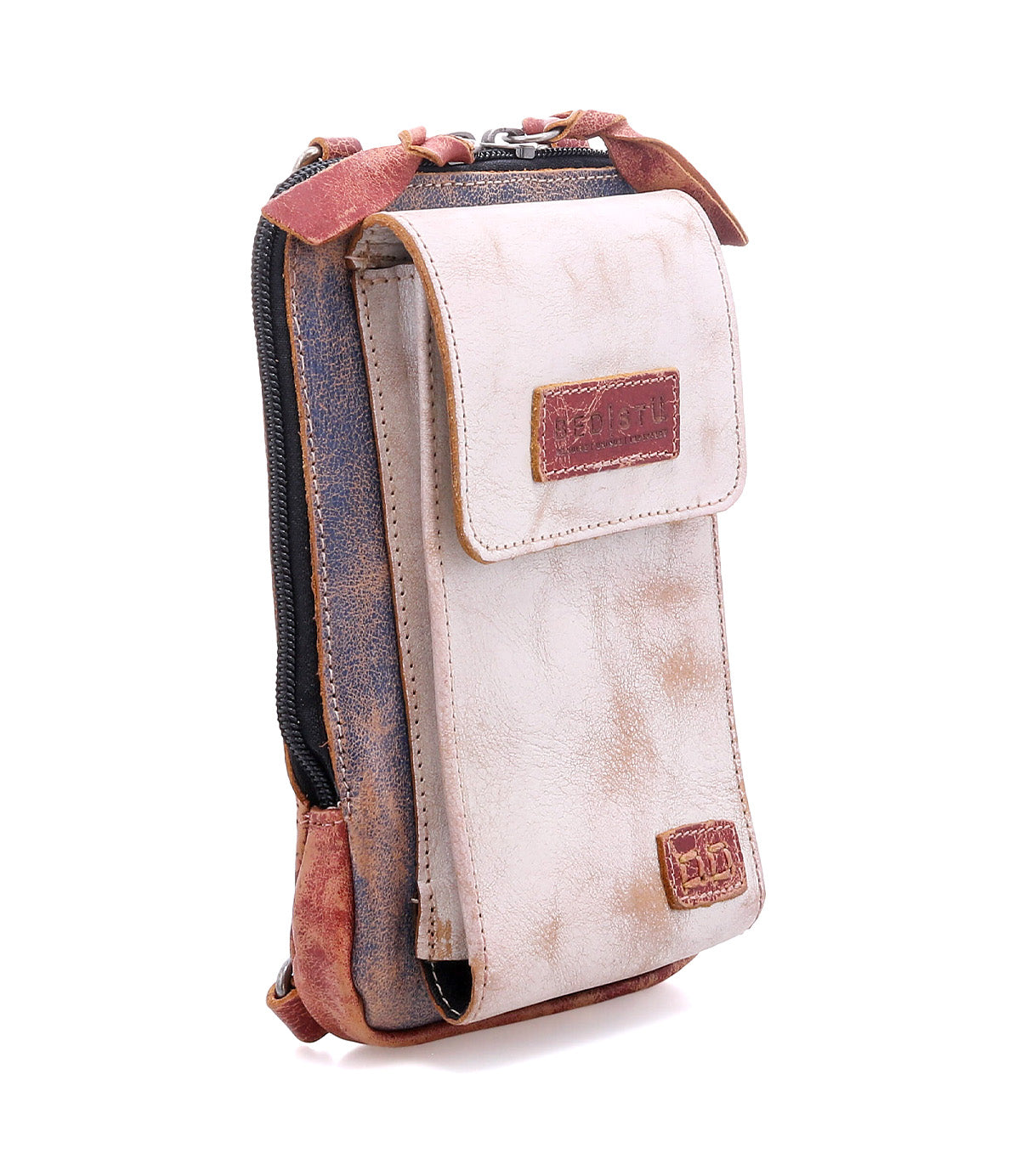 The Bed Stu Alelike is a compact leather crossbody pouch with a vintage-inspired front flap, zipper, and distressed brown-beige finish—ideal for travel-light days and everyday use.