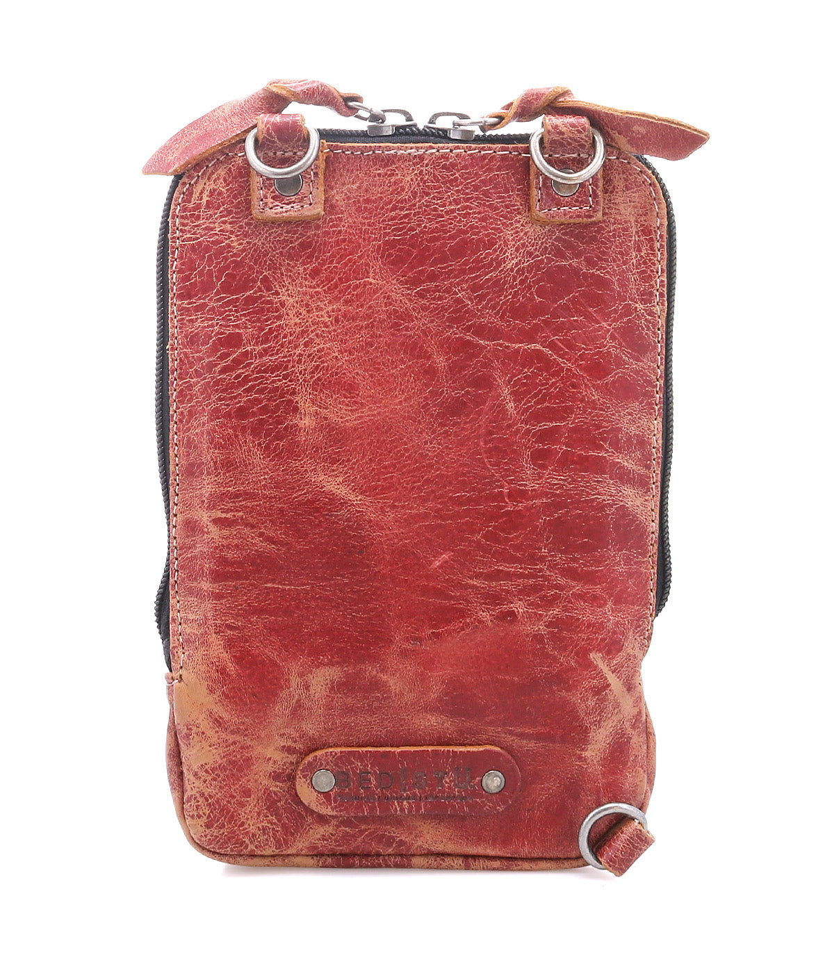 The Bed Stu Alelike is a compact leather crossbody in brown with visible creases, metal rings, a top zipper, and a front leather patch—ideal for everyday use and light travelers.