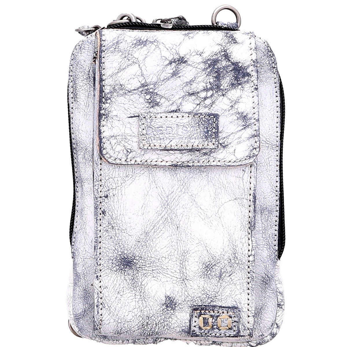 Introducing the Alelike by Bed Stu: a stylish and compact crossbody phone holder crafted from premium silver-gray leather. This sleek pouch features a textured leather design, a front flap with zipper closure, and includes a convenient loop for easy attachment.