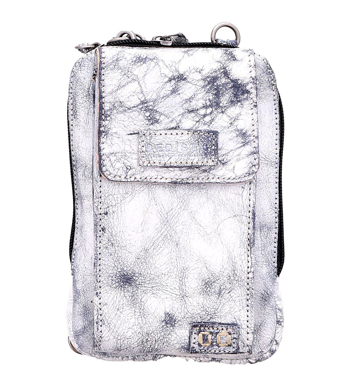 Introducing the Alelike by Bed Stu: a stylish and compact crossbody phone holder crafted from premium silver-gray leather. This sleek pouch features a textured leather design, a front flap with zipper closure, and includes a convenient loop for easy attachment.