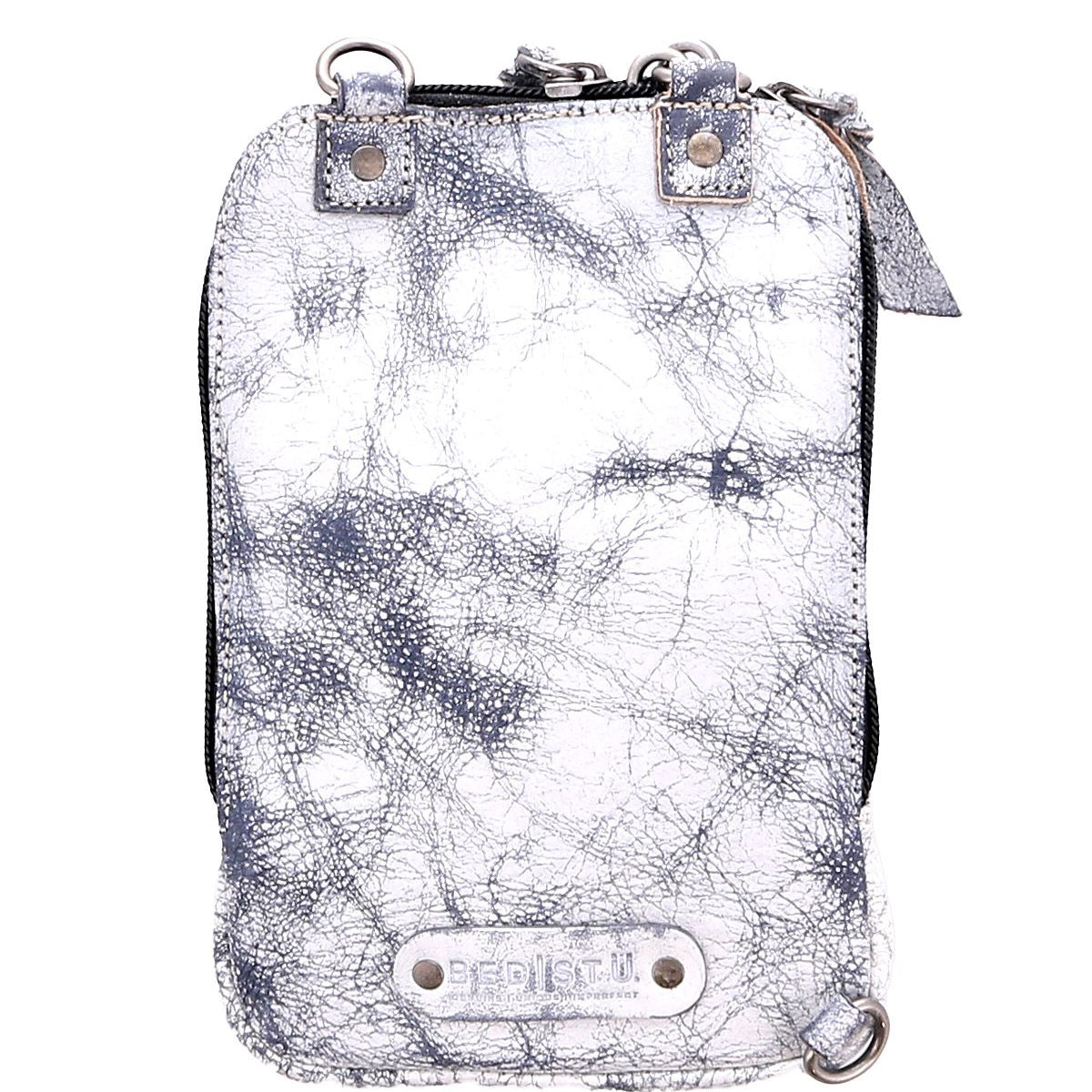 Introducing the Alelike by Bed Stu, a stylish and compact crossbody phone holder crafted from white and gray textured premium leather, featuring metallic hardware and zippers. Minimal branding graces the front, making it an understated yet chic accessory for any occasion.