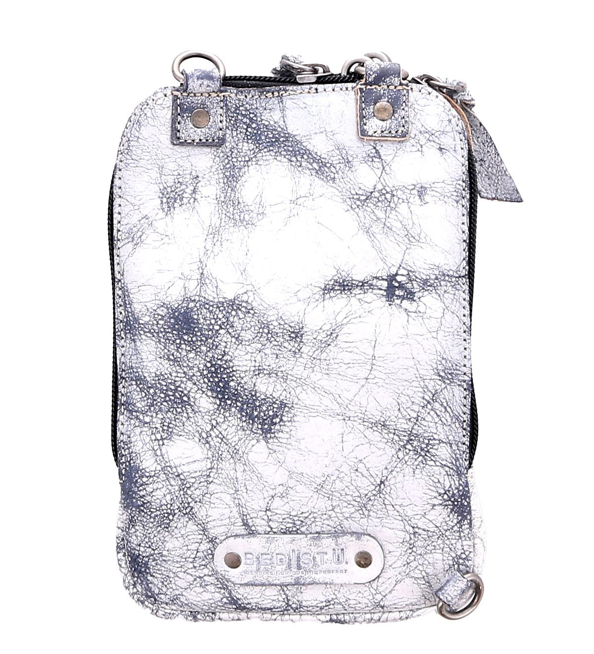 Introducing the Alelike by Bed Stu, a stylish and compact crossbody phone holder crafted from white and gray textured premium leather, featuring metallic hardware and zippers. Minimal branding graces the front, making it an understated yet chic accessory for any occasion.