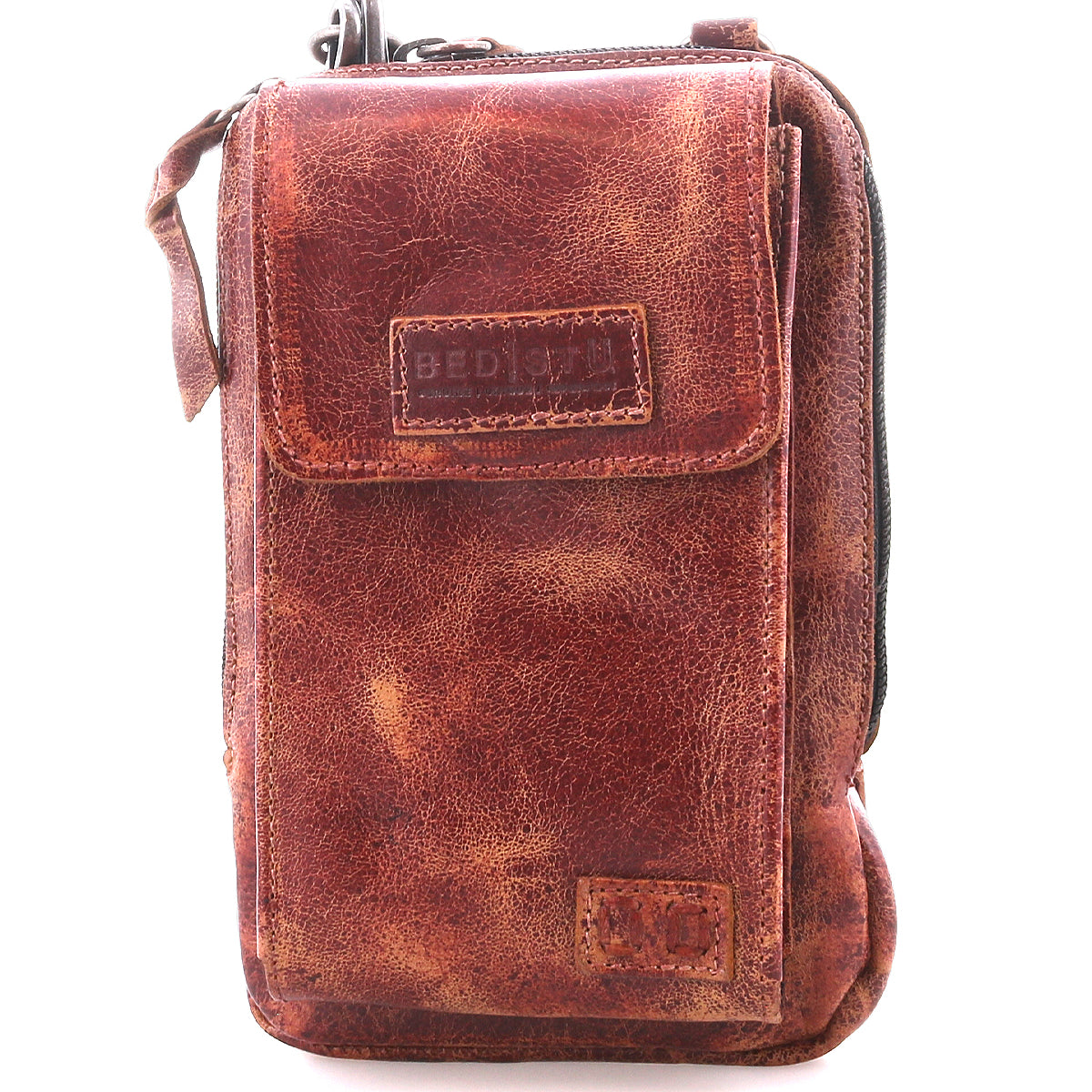 The Bed Stu Alelike is a compact, brown distressed leather crossbody bag with flap and zipper closure, visible stitching, and textured finish—ideal for carrying your phone in style.