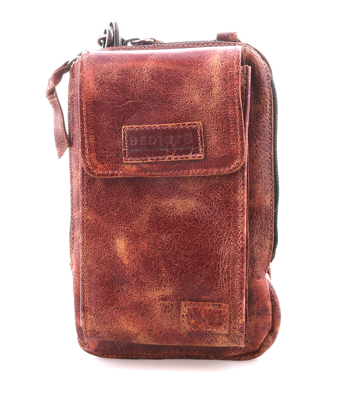 The Bed Stu Alelike is a compact, brown distressed leather crossbody bag with flap and zipper closure, visible stitching, and textured finish—ideal for carrying your phone in style.