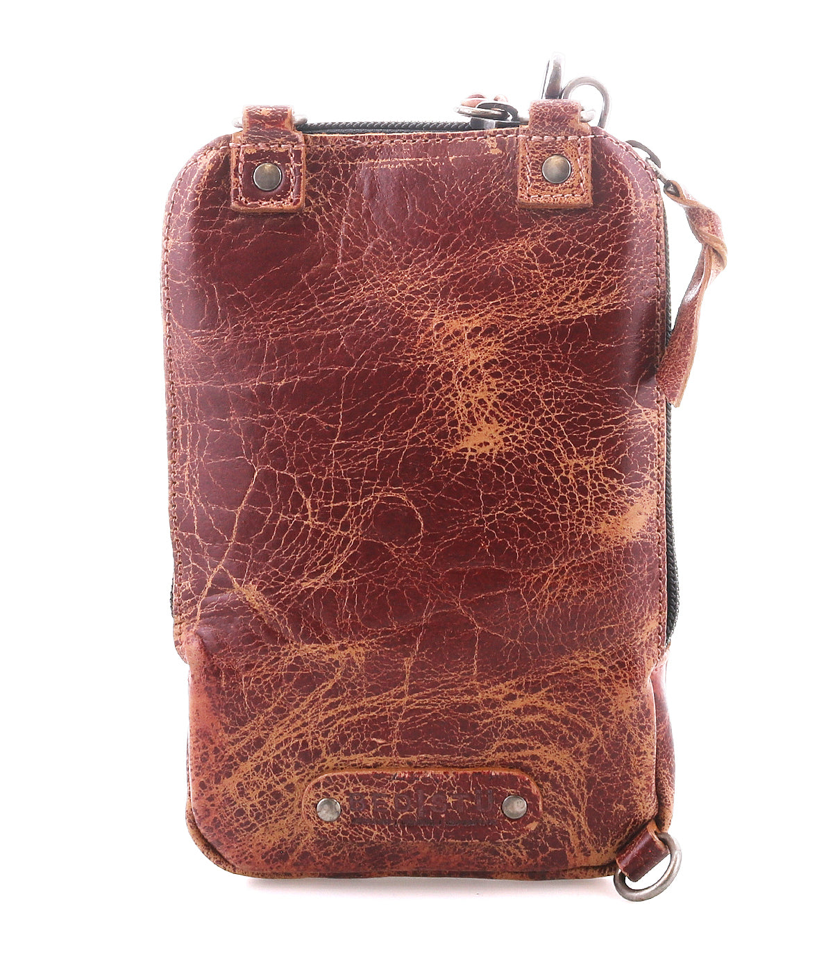 The Bed Stu Alelike is a compact brown leather pouch featuring visible creases, metal rivets, a top zipper, and a small side strap, shown against a white background.