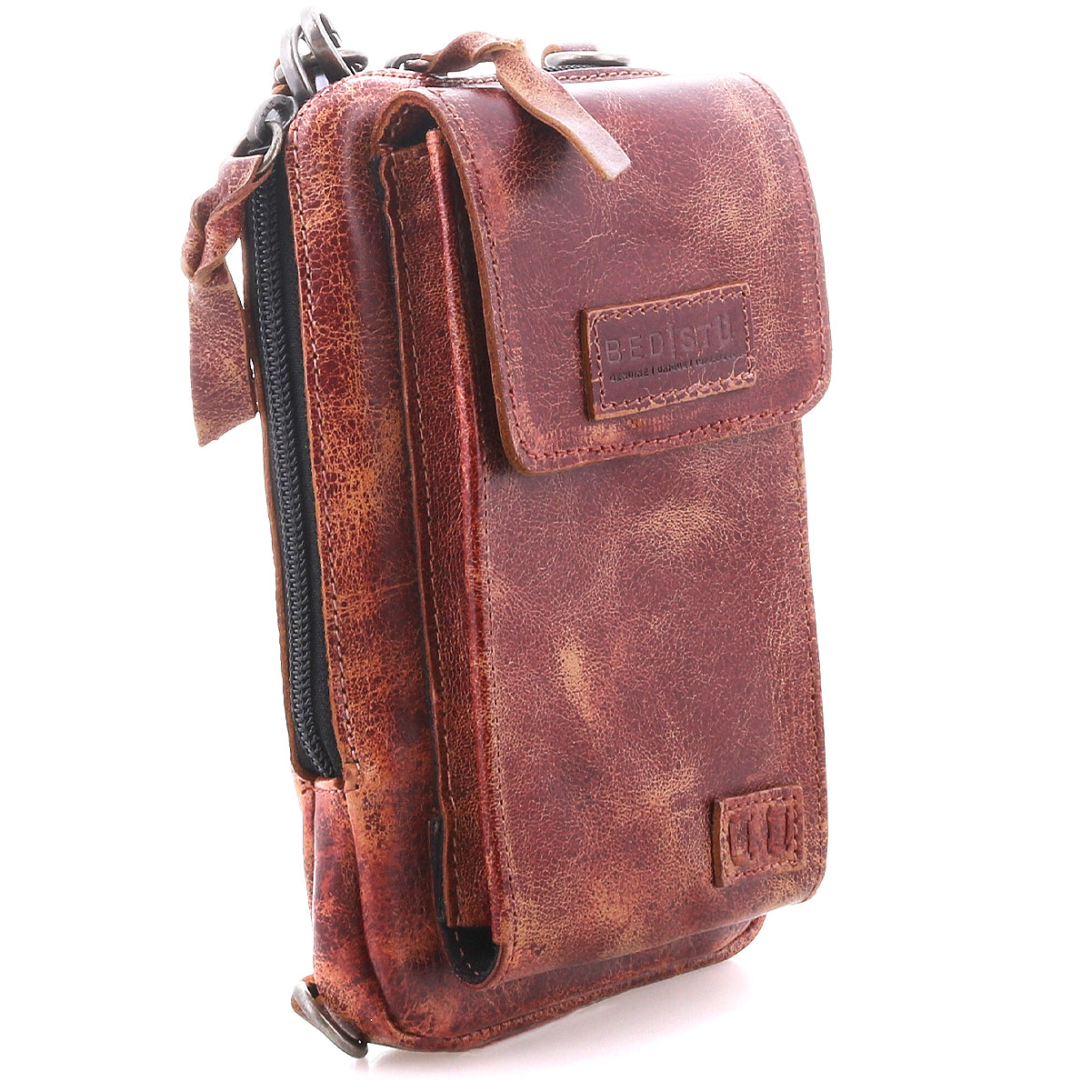 The Bed Stu Alelike is a compact brown pouch made of distressed premium leather, featuring a front flap pocket, zipper compartment, and visible stitching, shown standing upright on a white background.