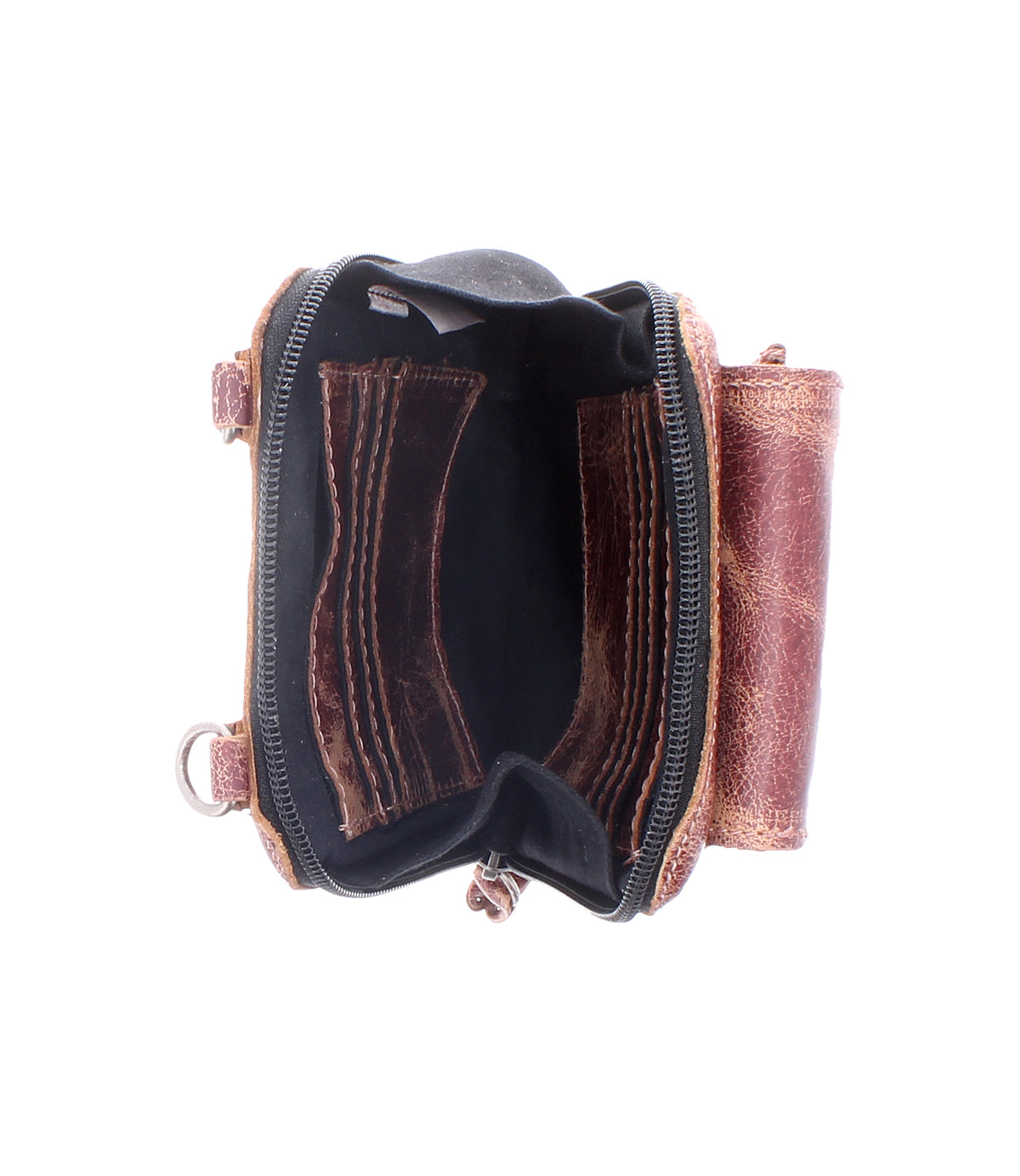 The Bed Stu Alelike wallet, crafted from premium brown leather, is displayed open from above on a white background, revealing multiple card slots and compartments.