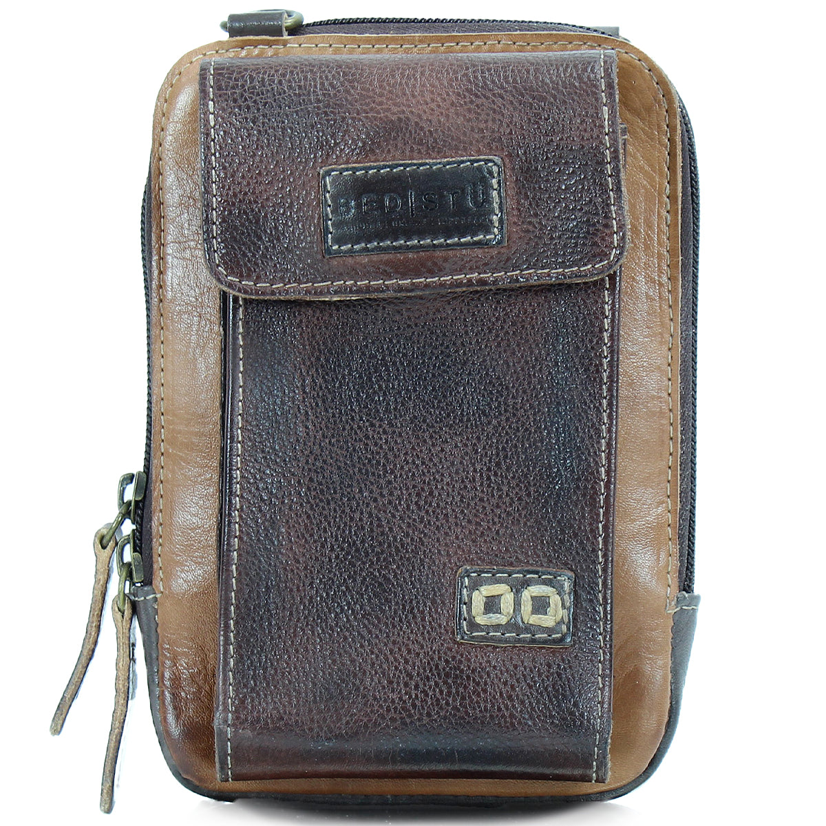 A weathered brown leather pouch with a rectangular shape, zippered closure, front pocket with button detail, and brand tag on the flap. Crafted from premium leather, it offers daily functionality and features two leather zipper pull tabs. The Alelike by Bed Stu combines style and practicality seamlessly.