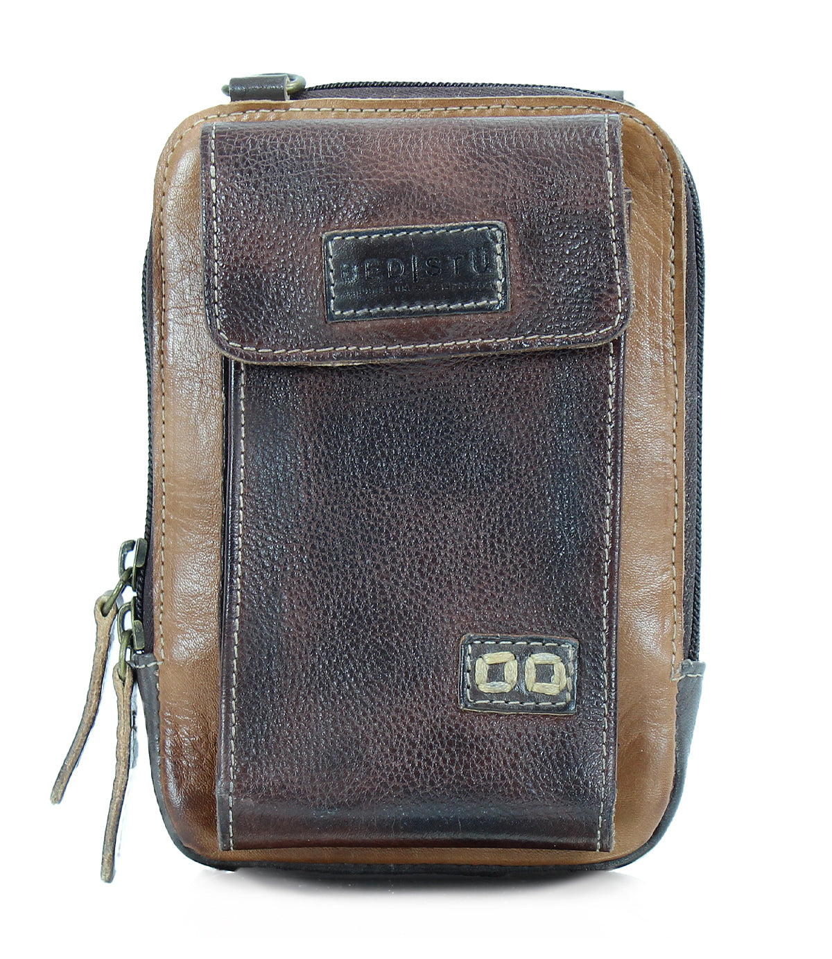 A weathered brown leather pouch with a rectangular shape, zippered closure, front pocket with button detail, and brand tag on the flap. Crafted from premium leather, it offers daily functionality and features two leather zipper pull tabs. The Alelike by Bed Stu combines style and practicality seamlessly.