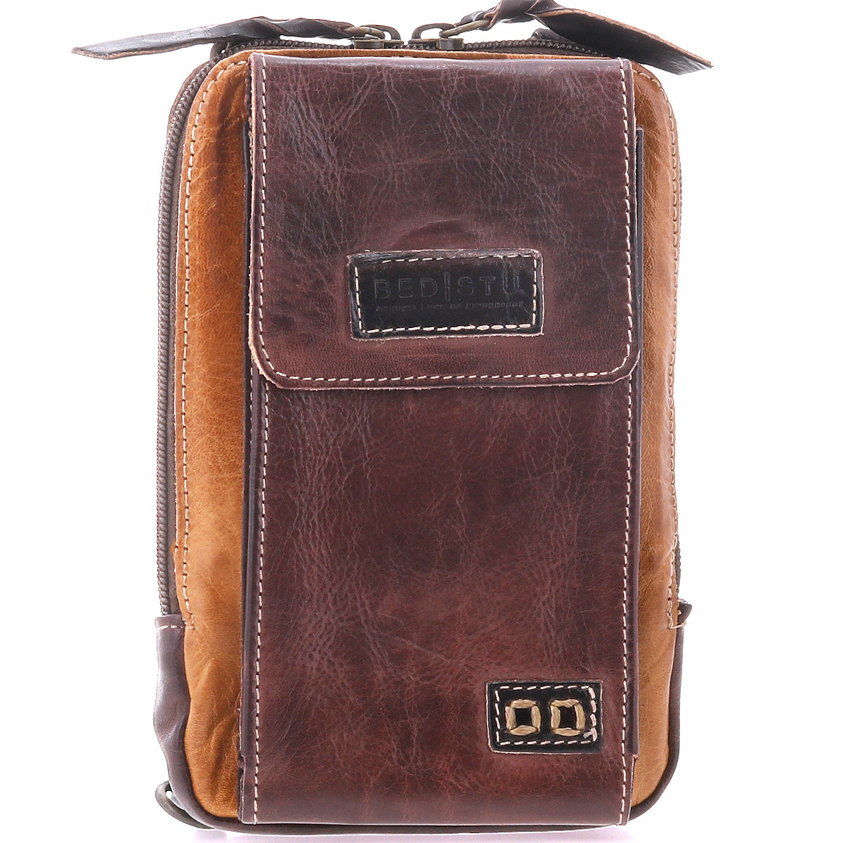 The Alelike by Bed Stu is a stylish compact brown leather pouch with a front flap, contrast stitching, metal accents, and top zipper—ideal as a premium leather crossbody phone holder.