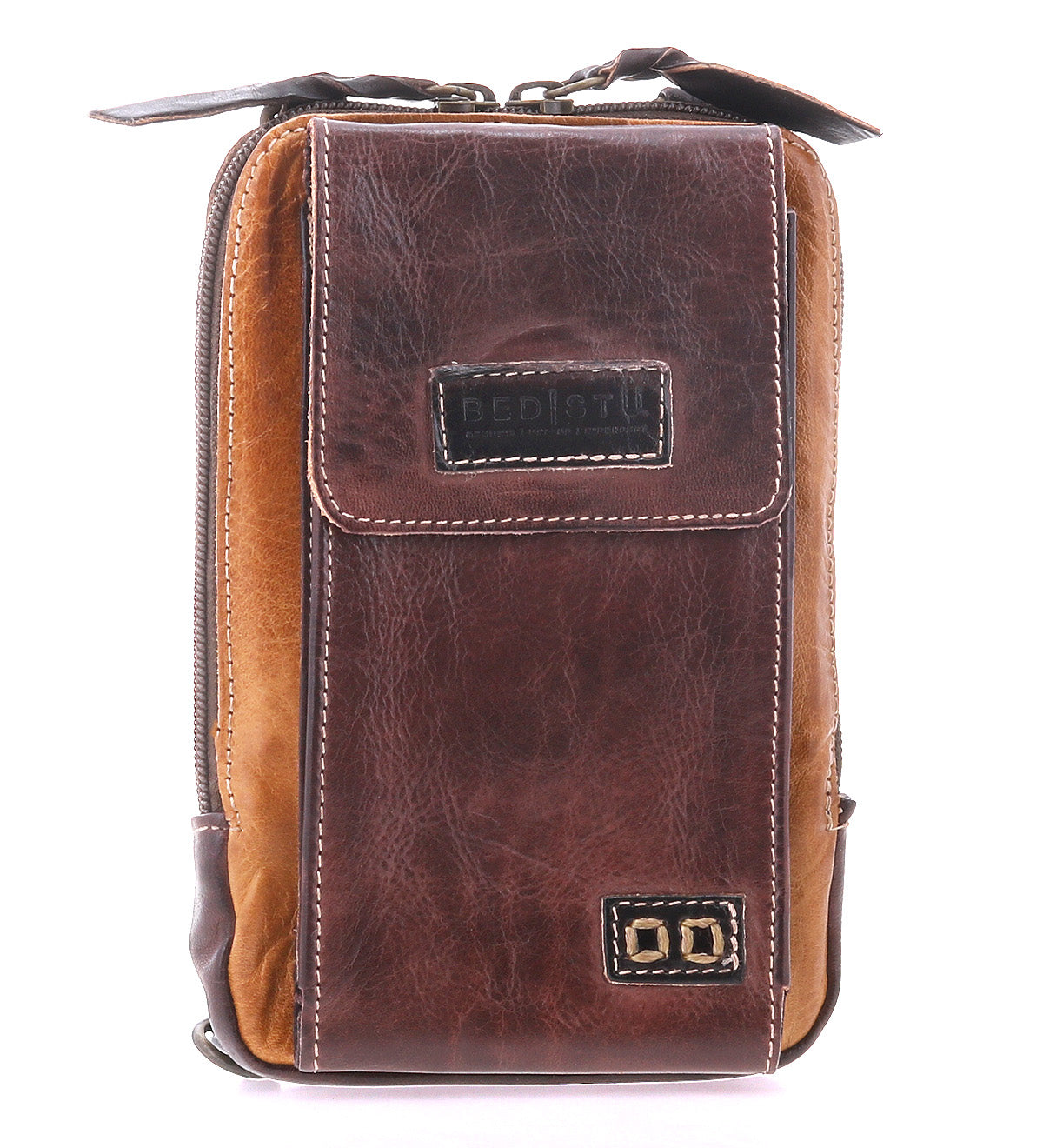 The Alelike by Bed Stu is a stylish compact brown leather pouch with a front flap, contrast stitching, metal accents, and top zipper—ideal as a premium leather crossbody phone holder.