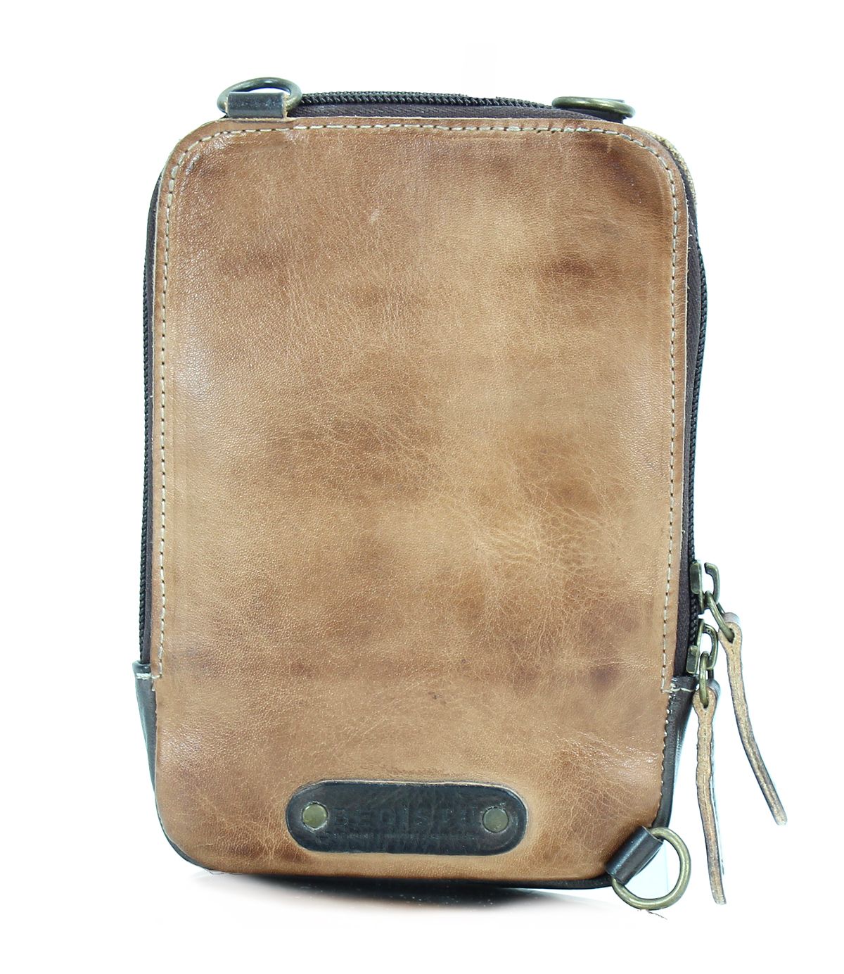 The Alelike by Bed Stu is a premium leather zippered pouch in brown, featuring a small black label at the bottom and two zipper pulls on the right side, perfect for daily functionality.