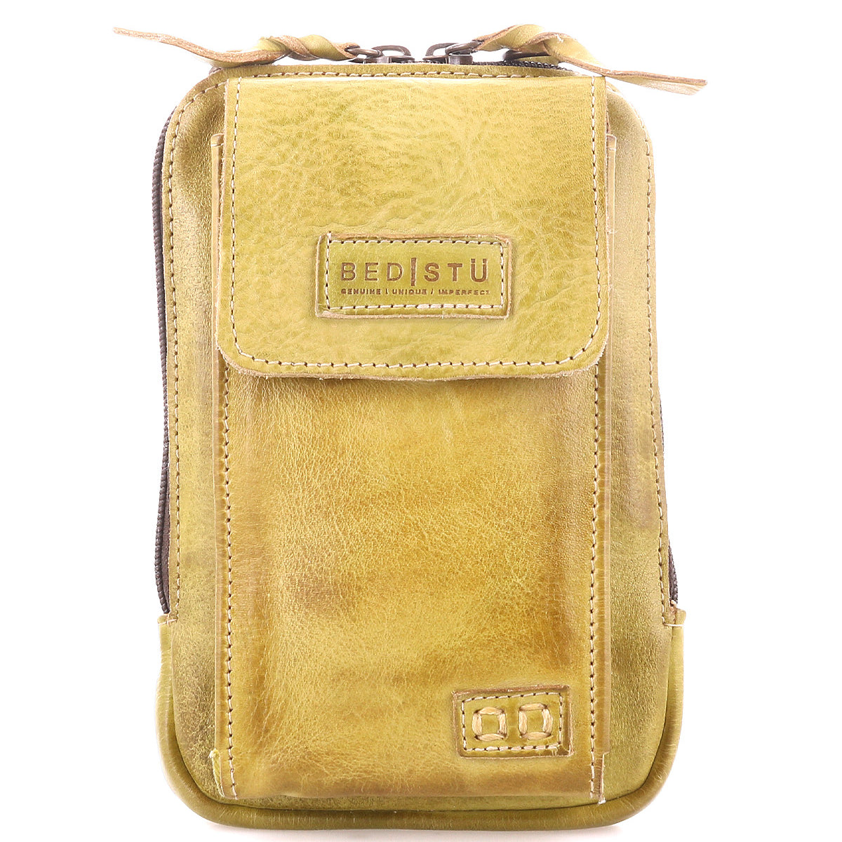The Alelike by Bed Stu is a stylish mustard yellow leather pouch with a front flap, visible stitching, and a zipper. Crafted from premium leather, it features "Bed Stu" embossed on the front and is perfect for use as an on-the-go crossbody phone holder.