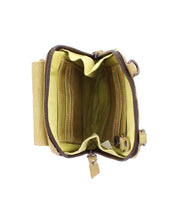 The Alelike by Bed Stu is a compact, stylish open wallet crafted from premium brown and yellow leather. It boasts multiple compartments and card slots, elegantly showcased on a white background.