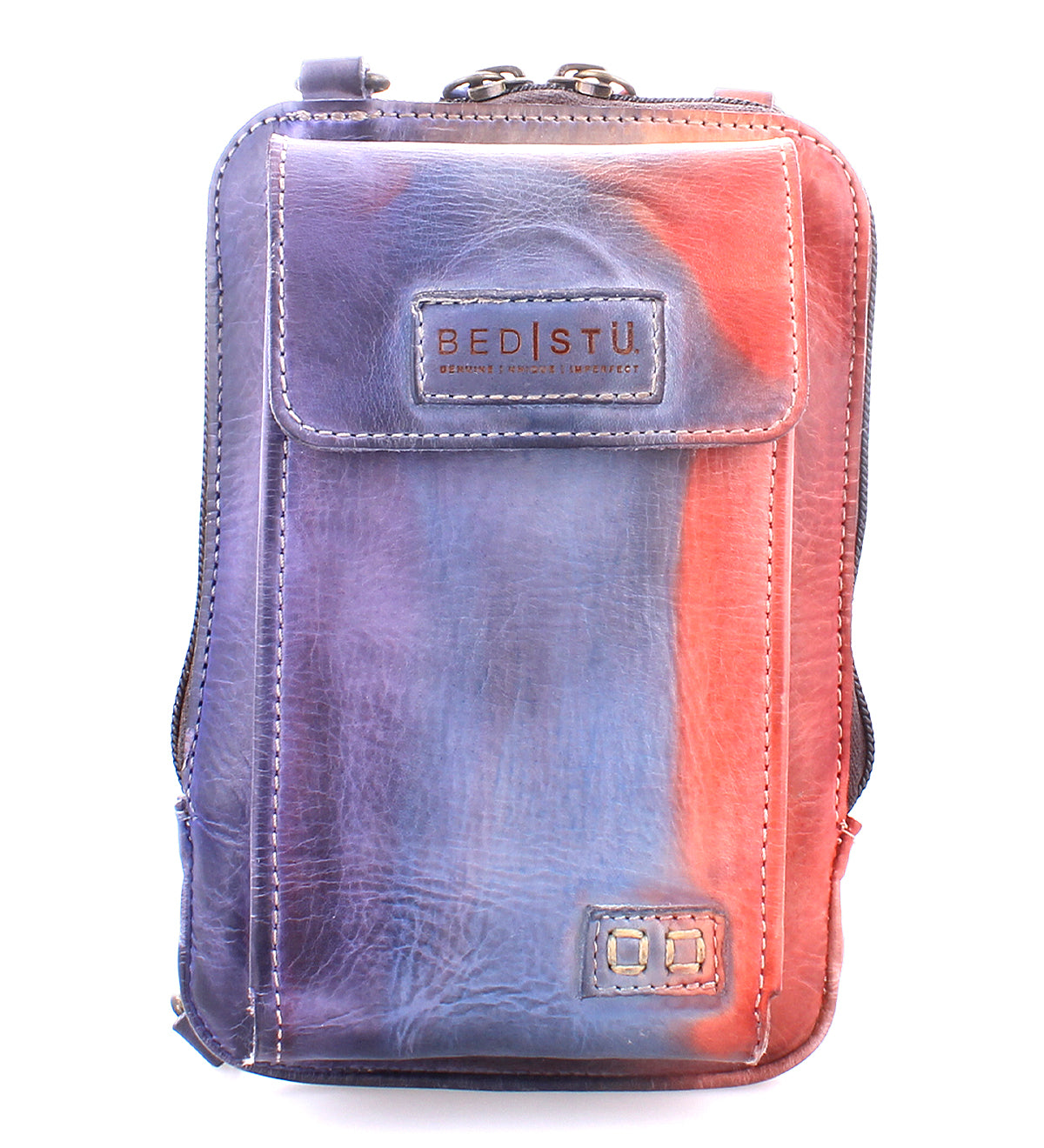 A multicolored premium leather Bed Stu Alelike crossbody phone holder with a vertical, ombre design featuring shades of blue, purple, and orange.