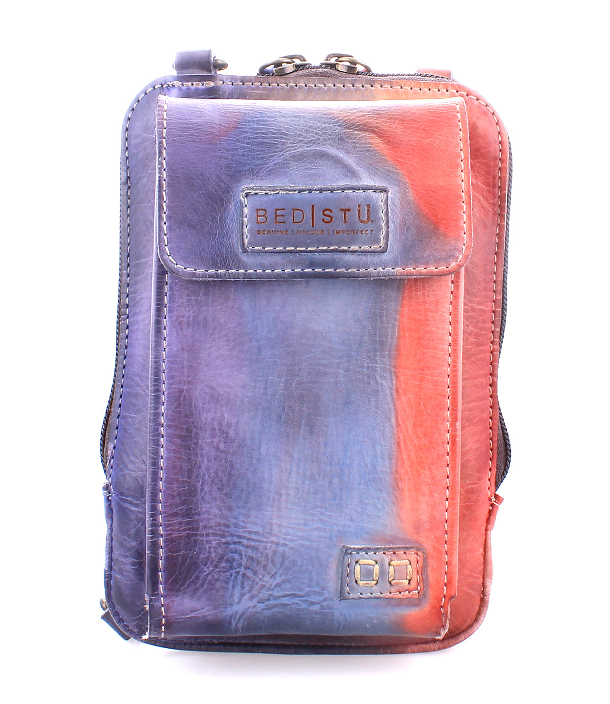 A multicolored premium leather Bed Stu Alelike crossbody phone holder with a vertical, ombre design featuring shades of blue, purple, and orange.