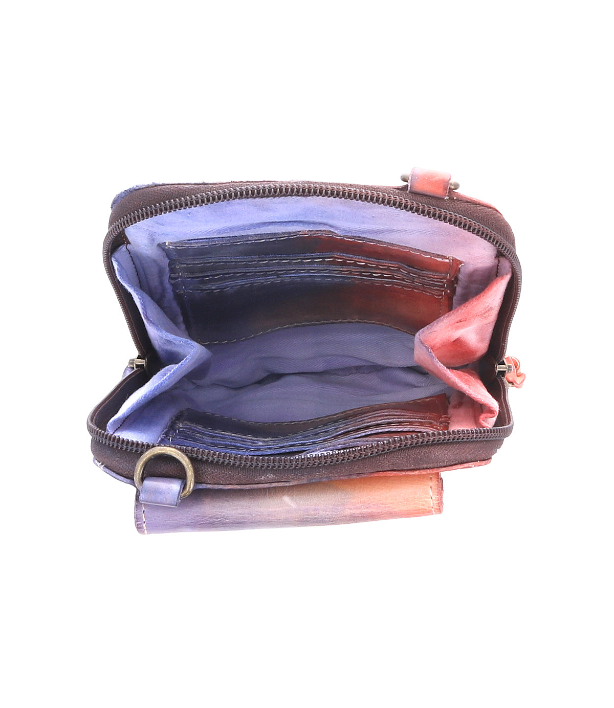 An open, empty Bed Stu Alelike premium leather wallet with multiple compartments, viewed from the top against a white background.