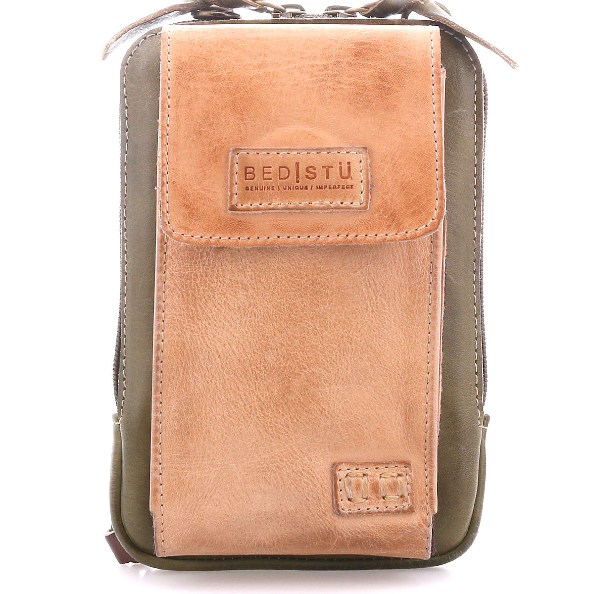 The Alelike by Bed Stu is a small rectangular crossbody phone holder in olive green and tan premium leather, featuring a front pocket, zipper, and distinctive "BEDISTU" label for style.