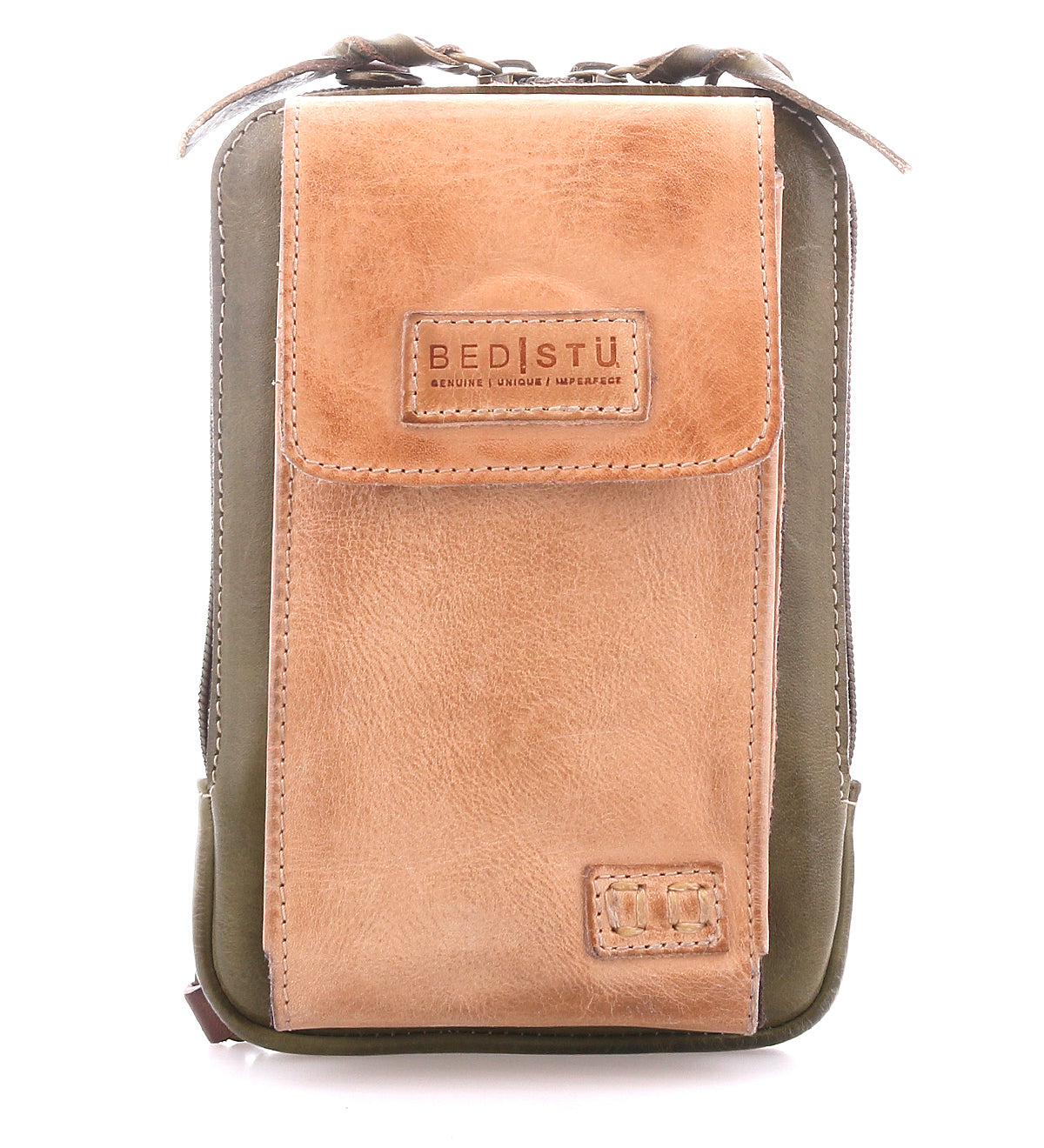 The Alelike by Bed Stu is a small rectangular crossbody phone holder in olive green and tan premium leather, featuring a front pocket, zipper, and distinctive "BEDISTU" label for style.