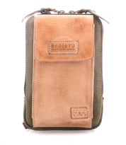 The Alelike by Bed Stu is a small rectangular crossbody phone holder in olive green and tan premium leather, featuring a front pocket, zipper, and distinctive "BEDISTU" label for style.