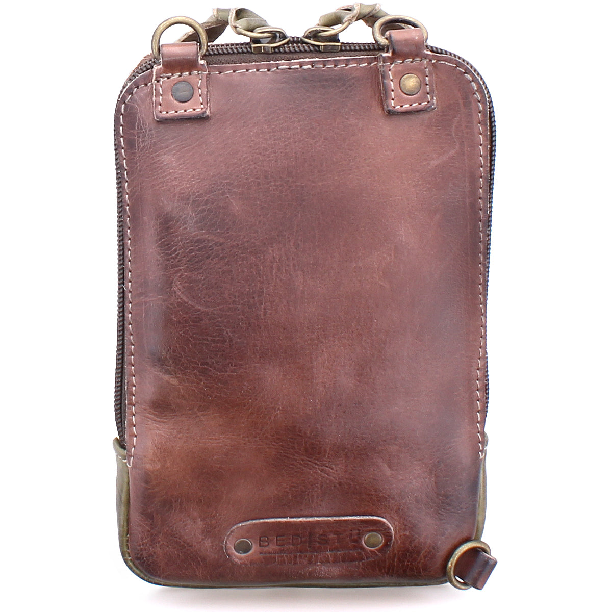 The Bed Stu Alelike is a stylish brown leather crossbody phone holder featuring visible stitching and metal hardware, shown against a white background.