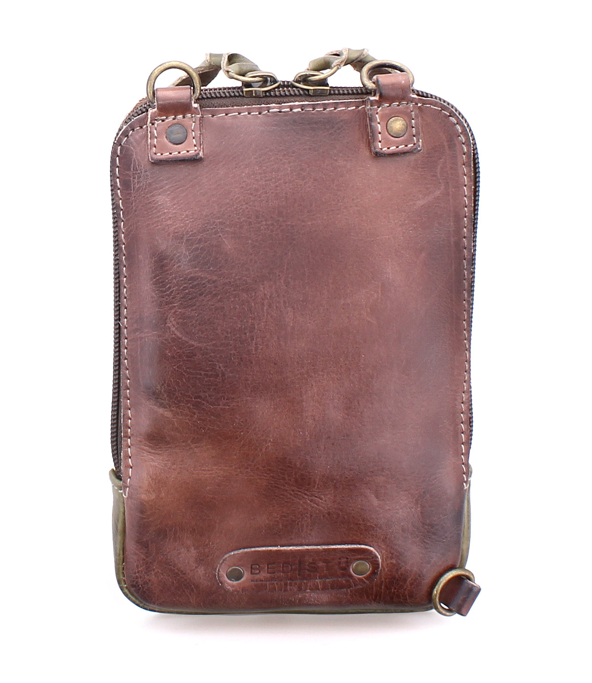 The Bed Stu Alelike is a stylish brown leather crossbody phone holder featuring visible stitching and metal hardware, shown against a white background.