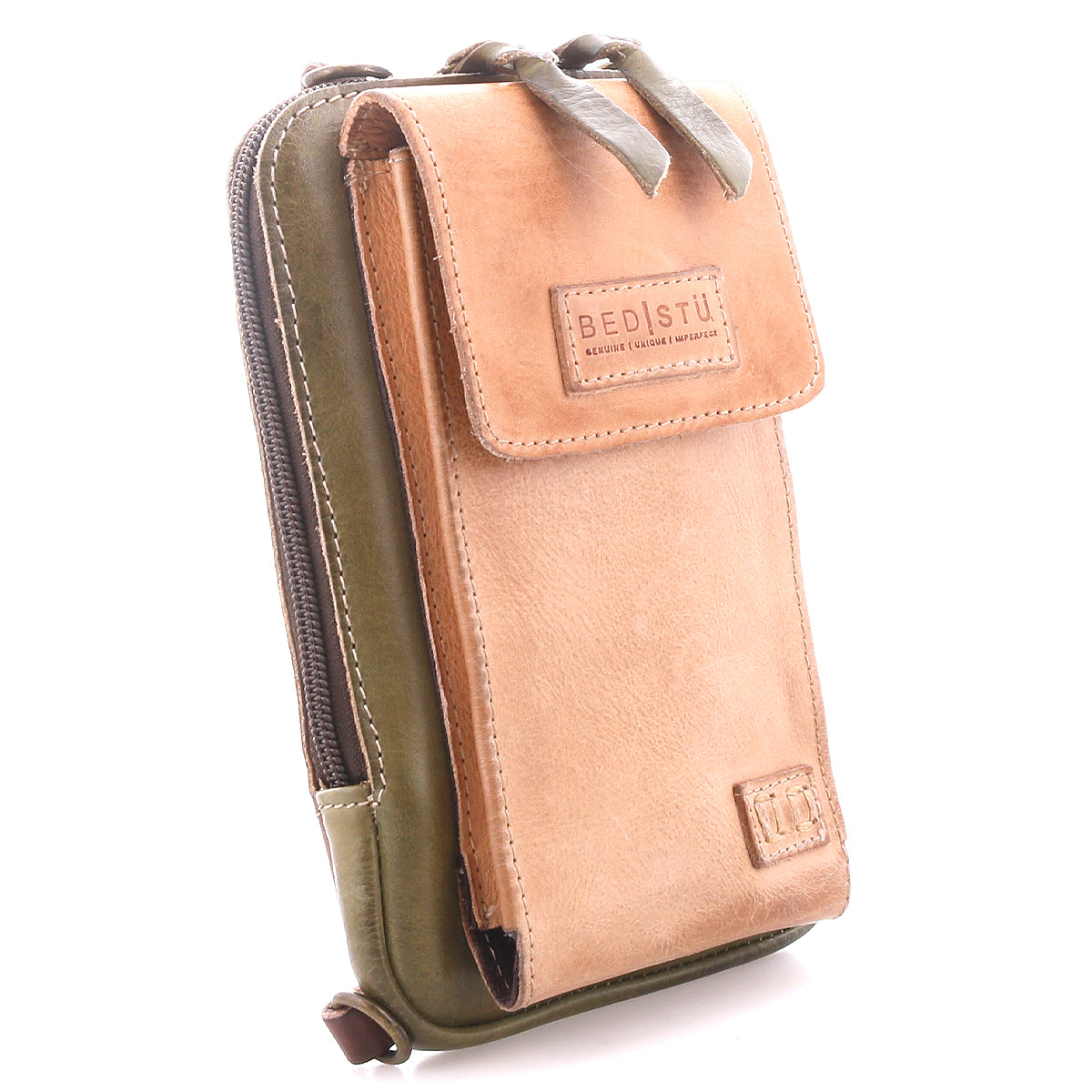 A stylish tan and green leather crossbody phone holder by Bed Stu, called Alelike, featuring a front flap, zipper pocket, and embossed brand name on the front.