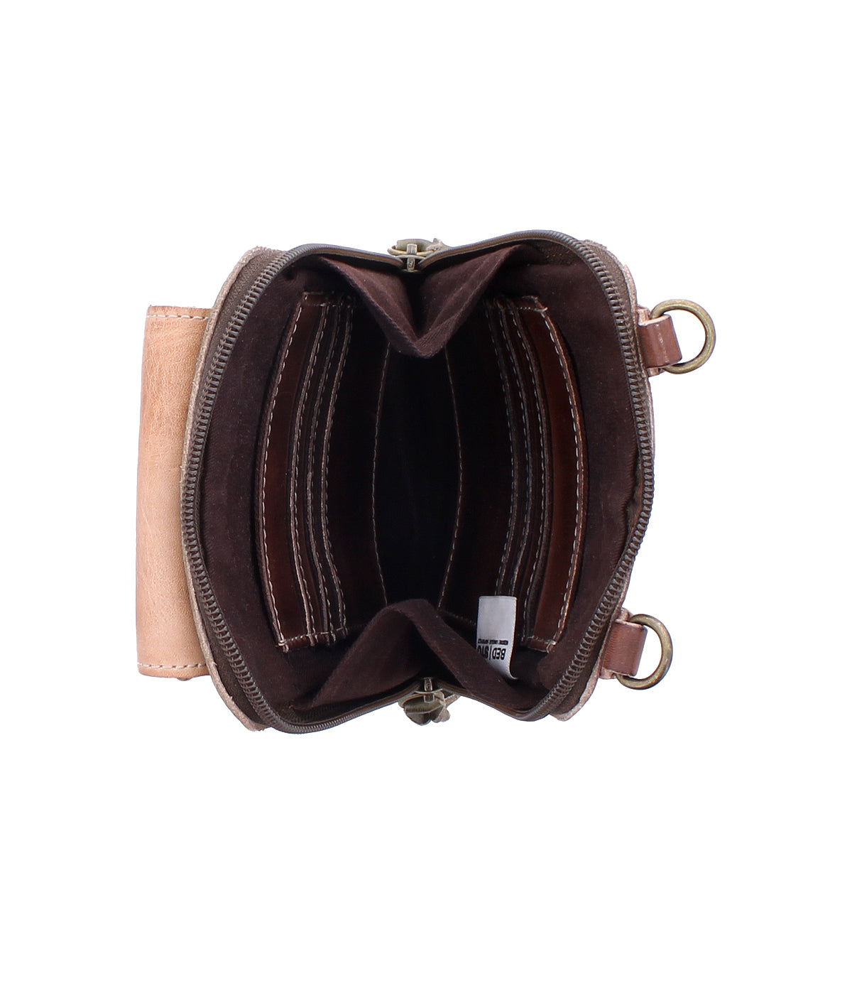 The Alelike wallet by Bed Stu, made from premium brown leather, showcases multiple card slots, two spacious compartments, and a zipper closure, presented from above against a white background.