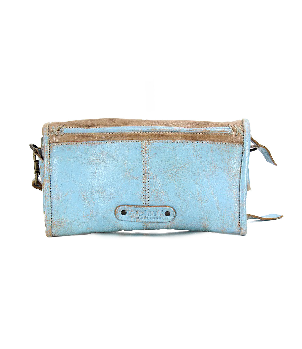 A Bed Stu Amina II light blue leather purse with a zipper that can be worn as a crossbody bag for added versatility.