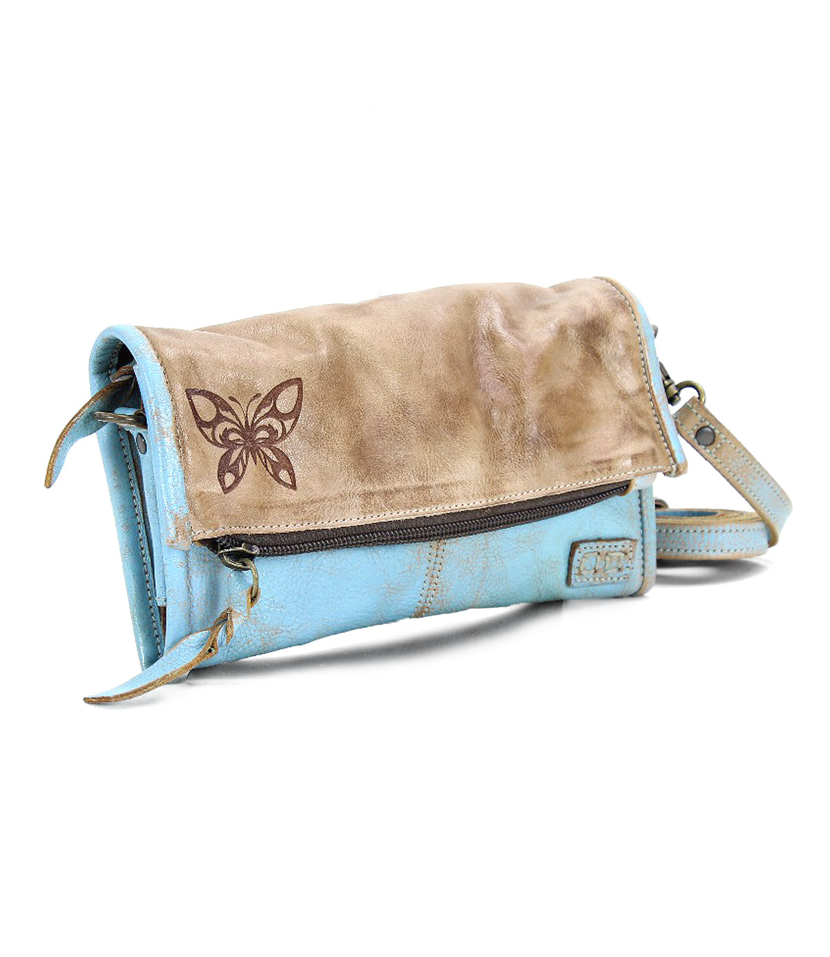 A multifunctional accessory with a butterfly design, this Amina II blue and brown purse from Bed Stu can also be worn as a crossbody bag.