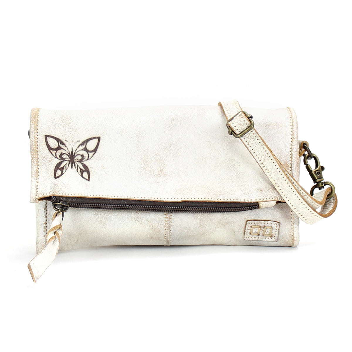 A sleek white leather Bed Stu clutch with a butterfly on it.