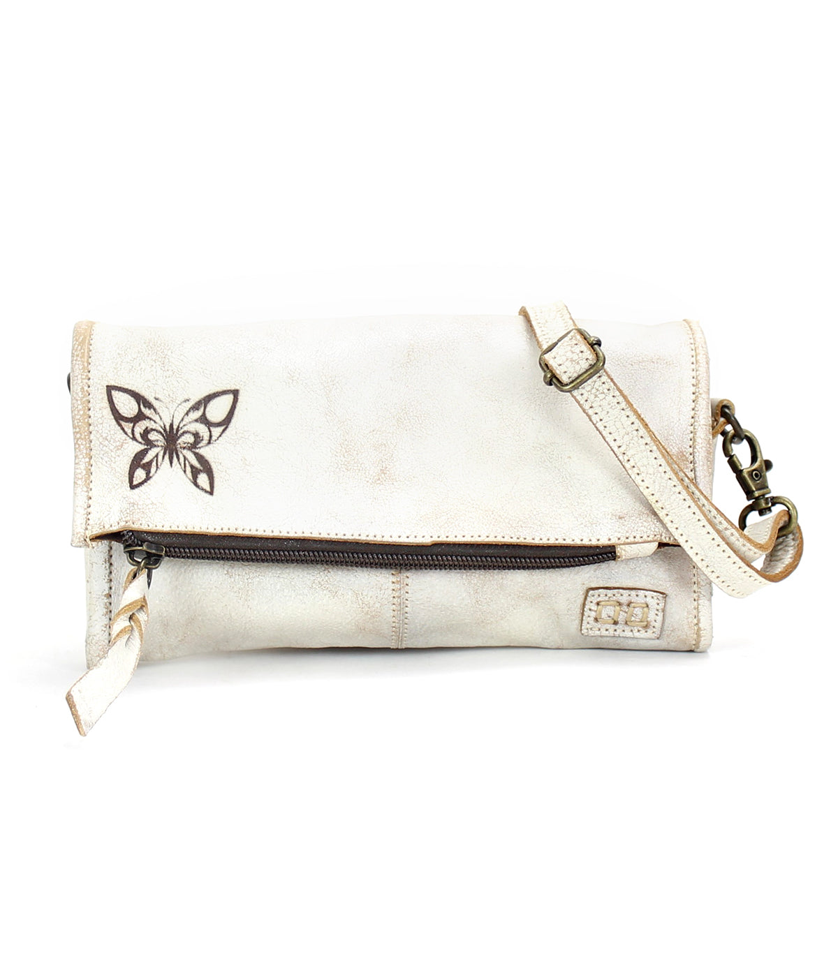 A sleek white leather Bed Stu clutch with a butterfly on it.