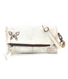 A sleek white leather Bed Stu clutch with a butterfly on it.
