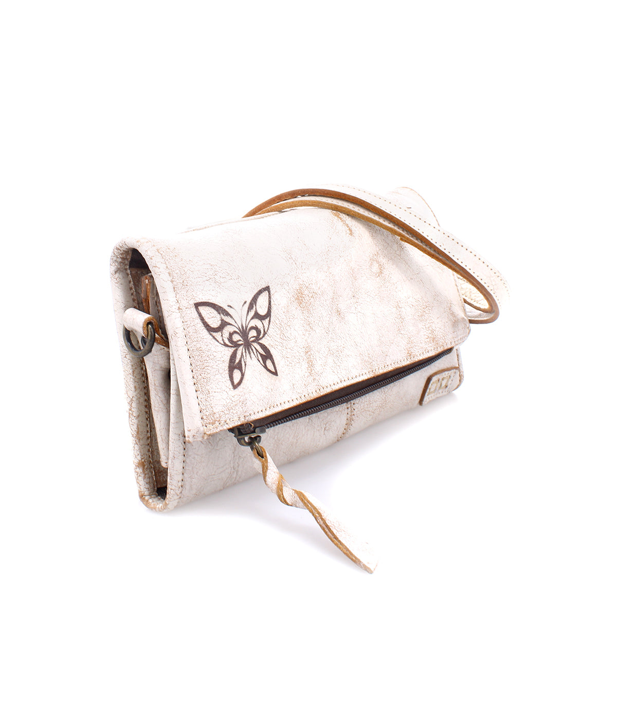 A sleek Bed Stu Amina II clutch purse with a butterfly on it.