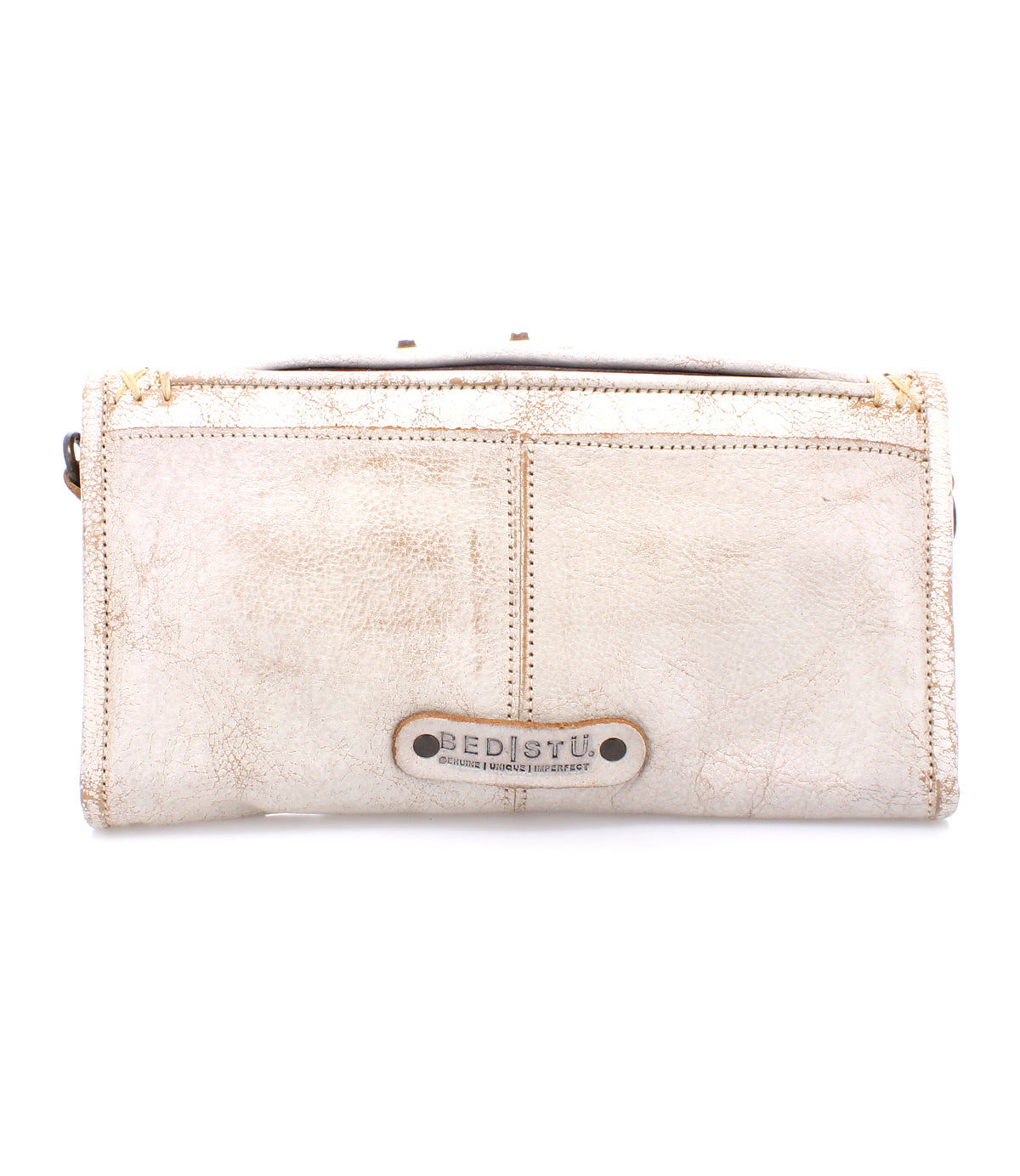 A sleek white leather Amina II wallet by Bed Stu on a white background.